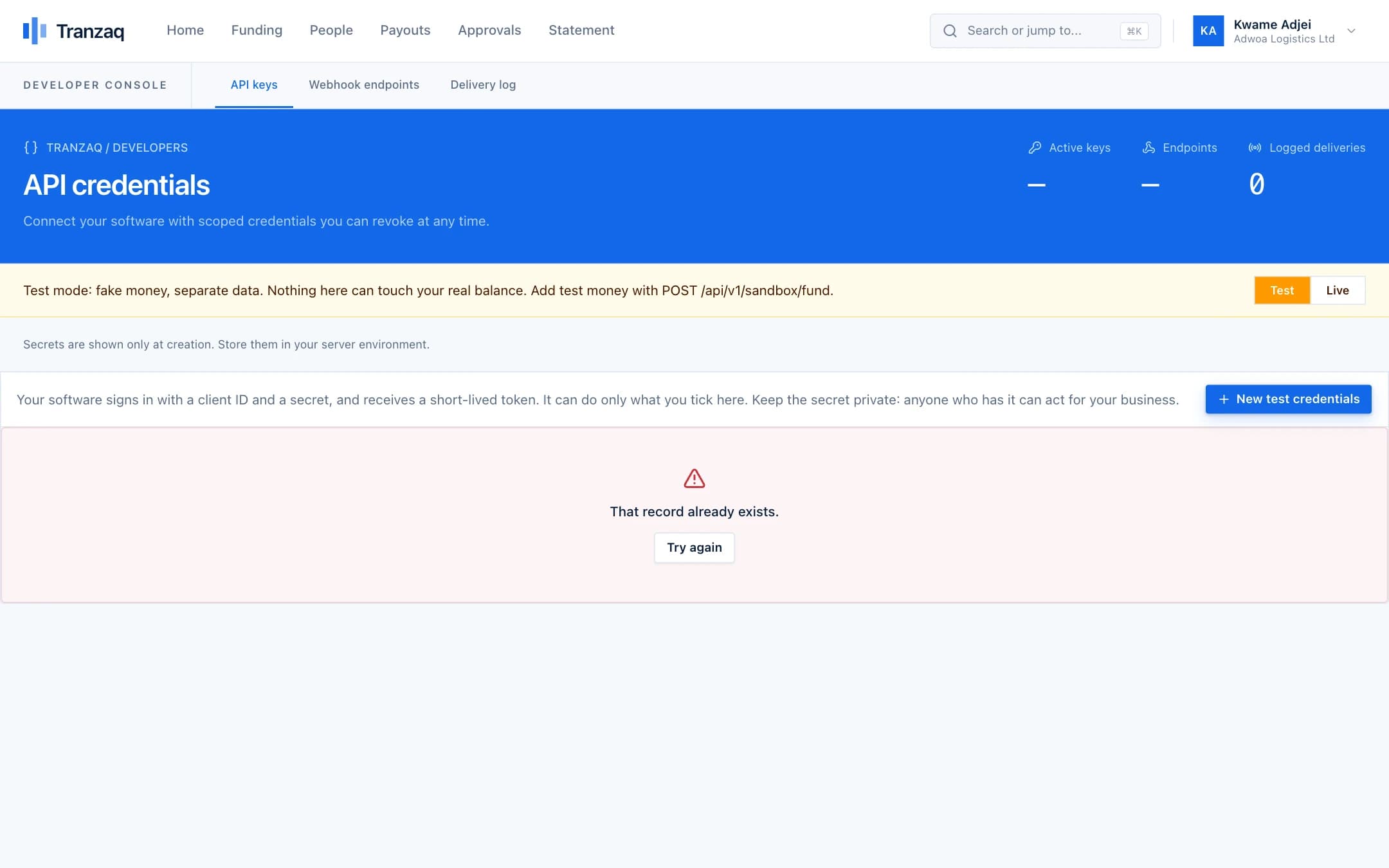 The developers page with credentials and the Test and Live switch