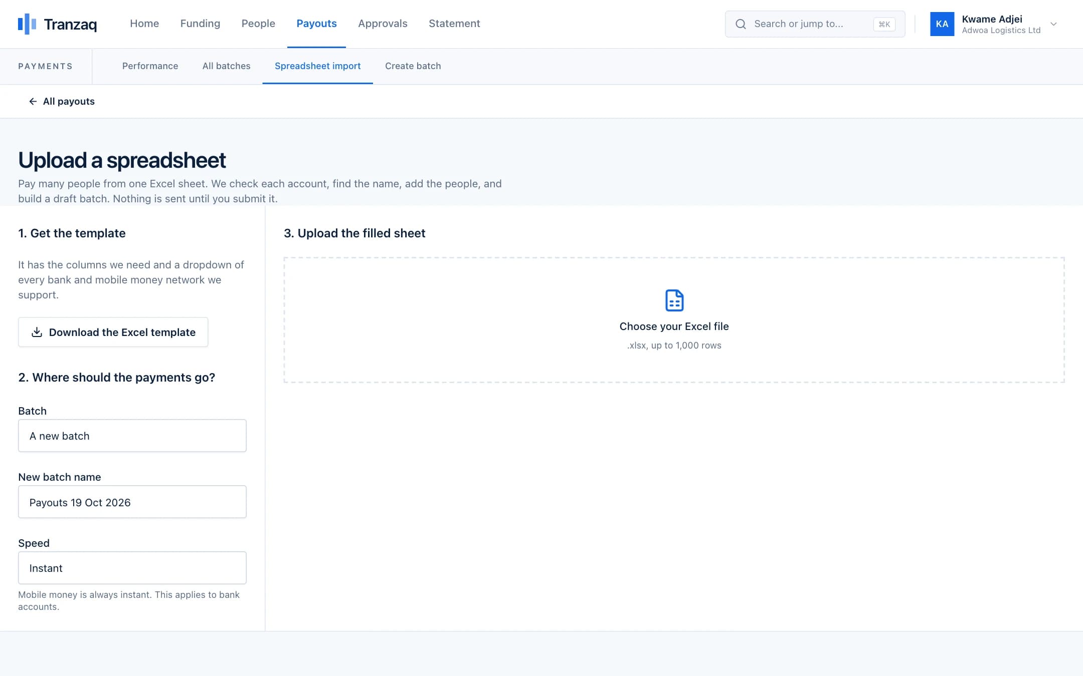 The spreadsheet import page