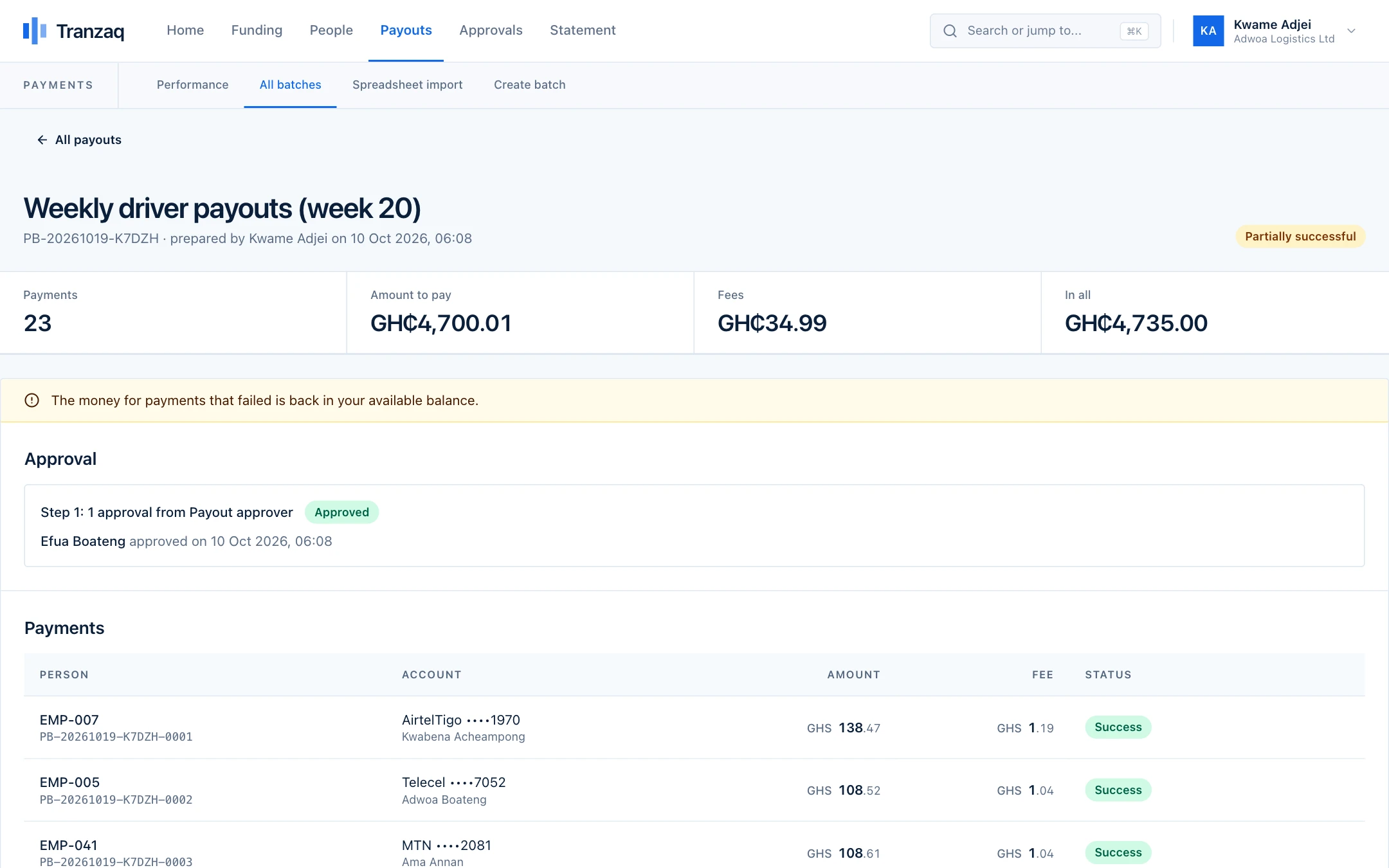 A payout batch with a status on every payment